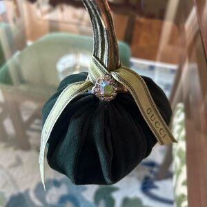 handmade Dark Green Velvet pumpkin with repurposed ribbon